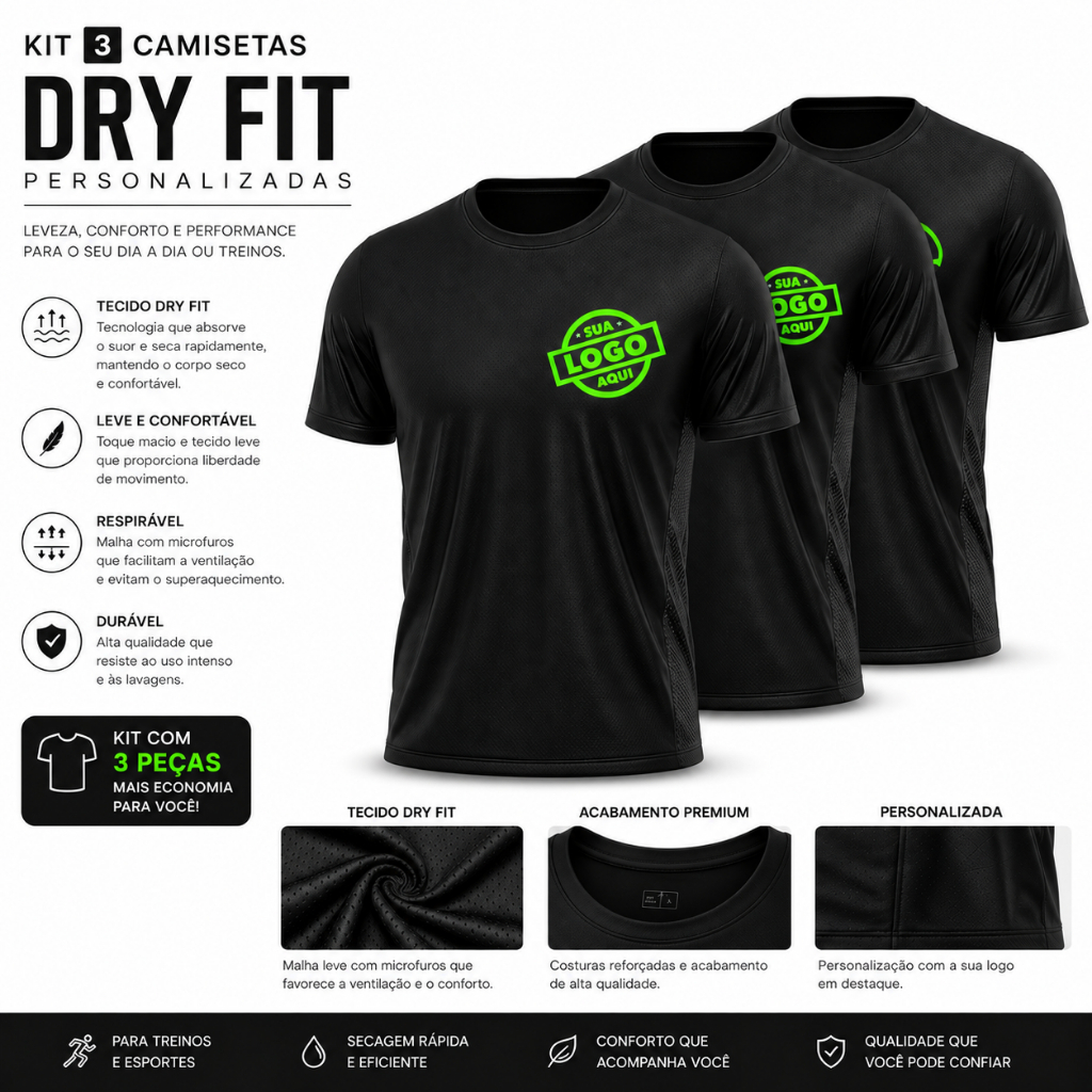 KIT 3 Camiseta Dry Fit Personalizada Com Sua Arte Estampada Uniforme Empresa Futebol
