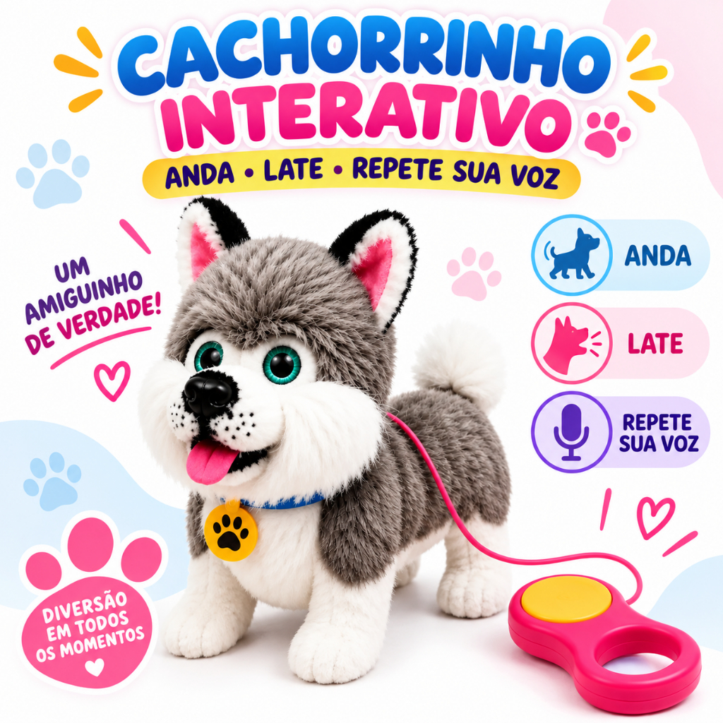 Cachorrinho de Pelúcia Interativo Repete Voz Anda Late Lambe Toca Música com Guia Brinquedo Infantil