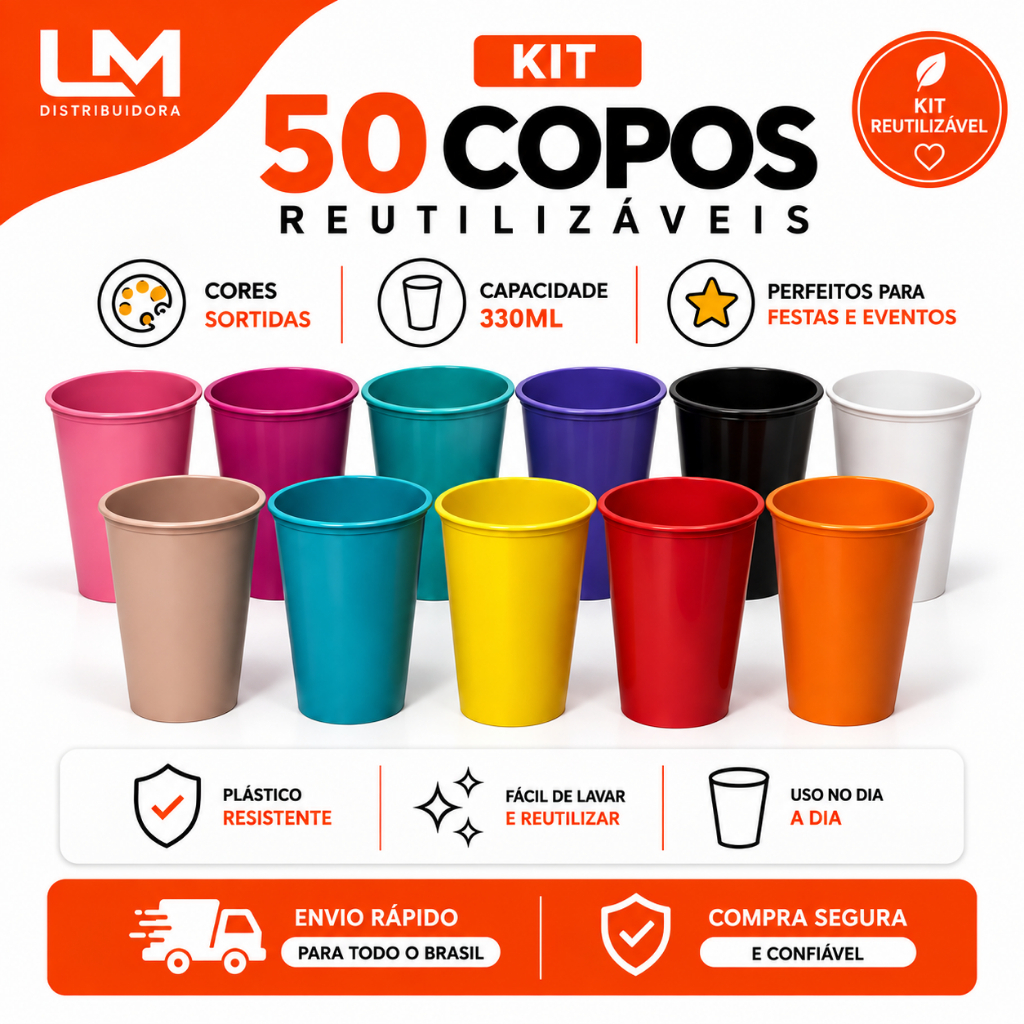 Kit Copos Plásticos 300ml Reutilizáveis 10 30 ou 50 Unidades Cores Sortidas Festa Churrasco Eventos