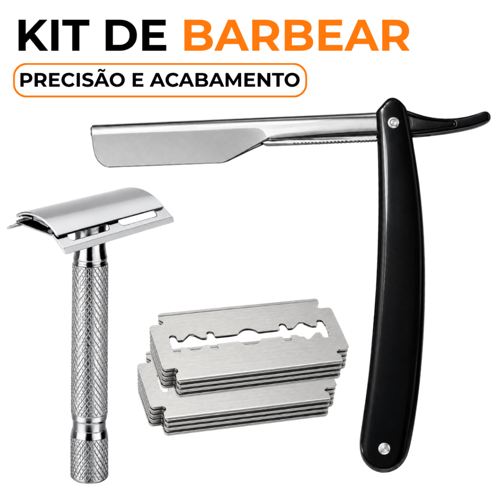 Kit Navalha Profissional Barbeador Retrô Masculino + 6 Lâminas Inox Acabamento Barba Sobrancelha