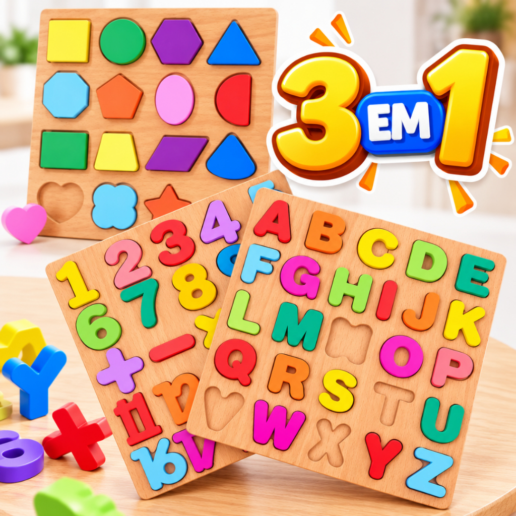 Kit Tabuleiros 3 em 1 Quebra Cabeça Educativo Pedagógico MDF Alfabeto Números Formas Geométricas Brinquedo Madeira