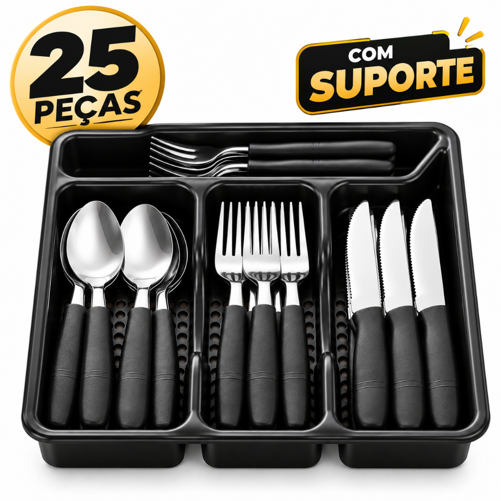 Jogo de Talheres Faqueiro 25 Peças Preto Aço Inox com Organizador
