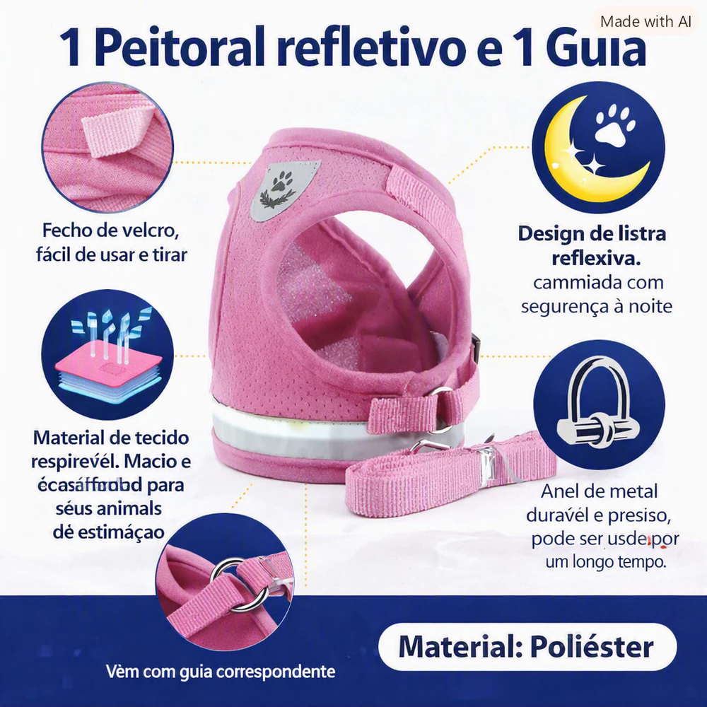 Coleira Colete Refletivo Peitoral Respirável Confortável Para Cachorro Gato Pet + Guia Boa Qualidade