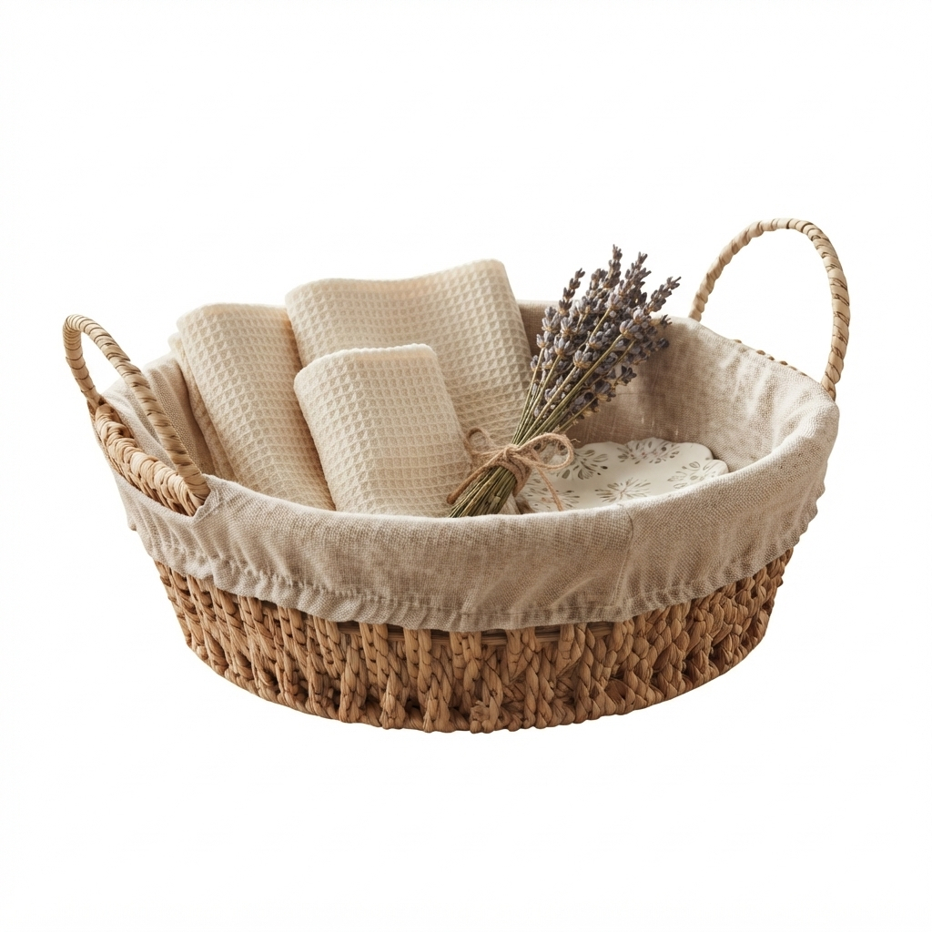 Cesta Redonda Wolff com Alça e Forro Tecido Bege 27cm Organizadora Multiuso para Decoração Banheiro Quarto Sala e Closet