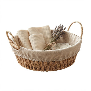 Cesta Redonda Wolff com Alça e Forro Tecido Bege 27cm Organizadora Multiuso para Decoração Banheiro Quarto Sala e Closet