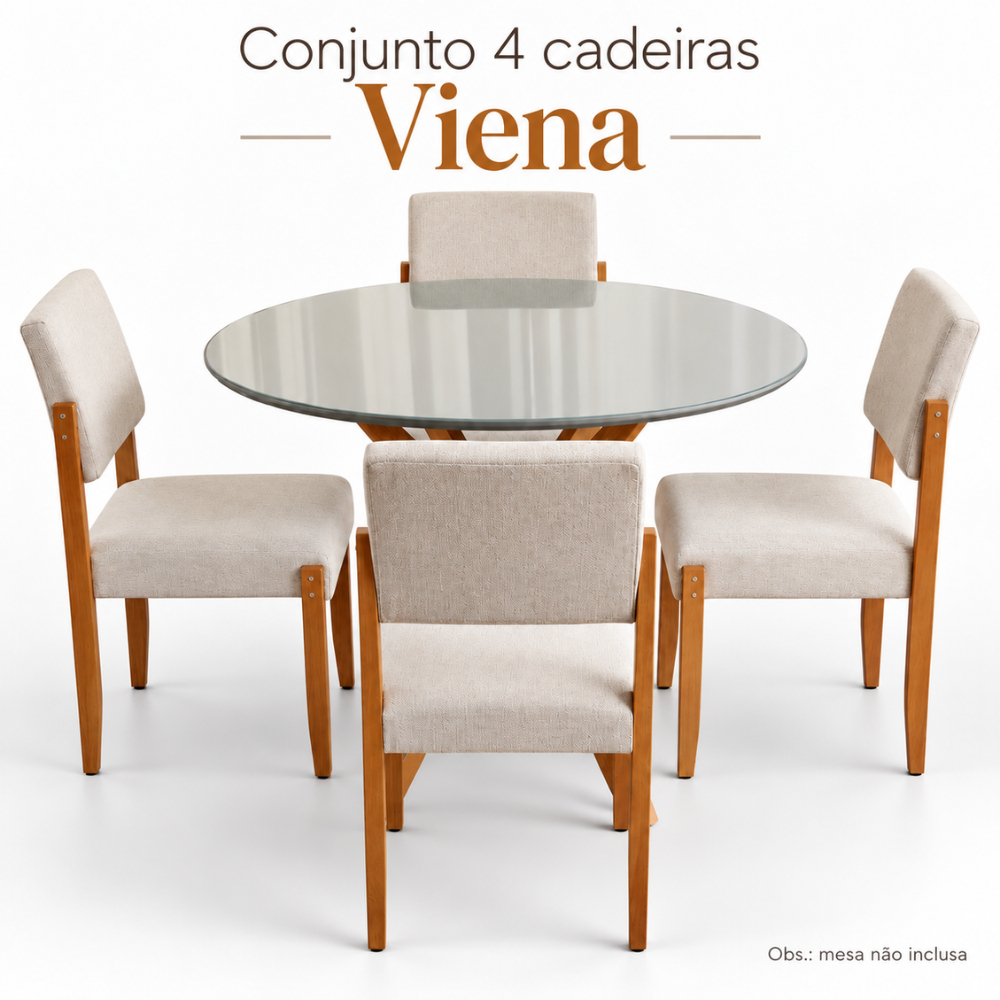 Conjunto 4 Cadeiras Jantar Viena Estofado Tecido Linho Elegante Pé Madeira Maciça Ideal Sala Jantar Cozinha Recepção -Av