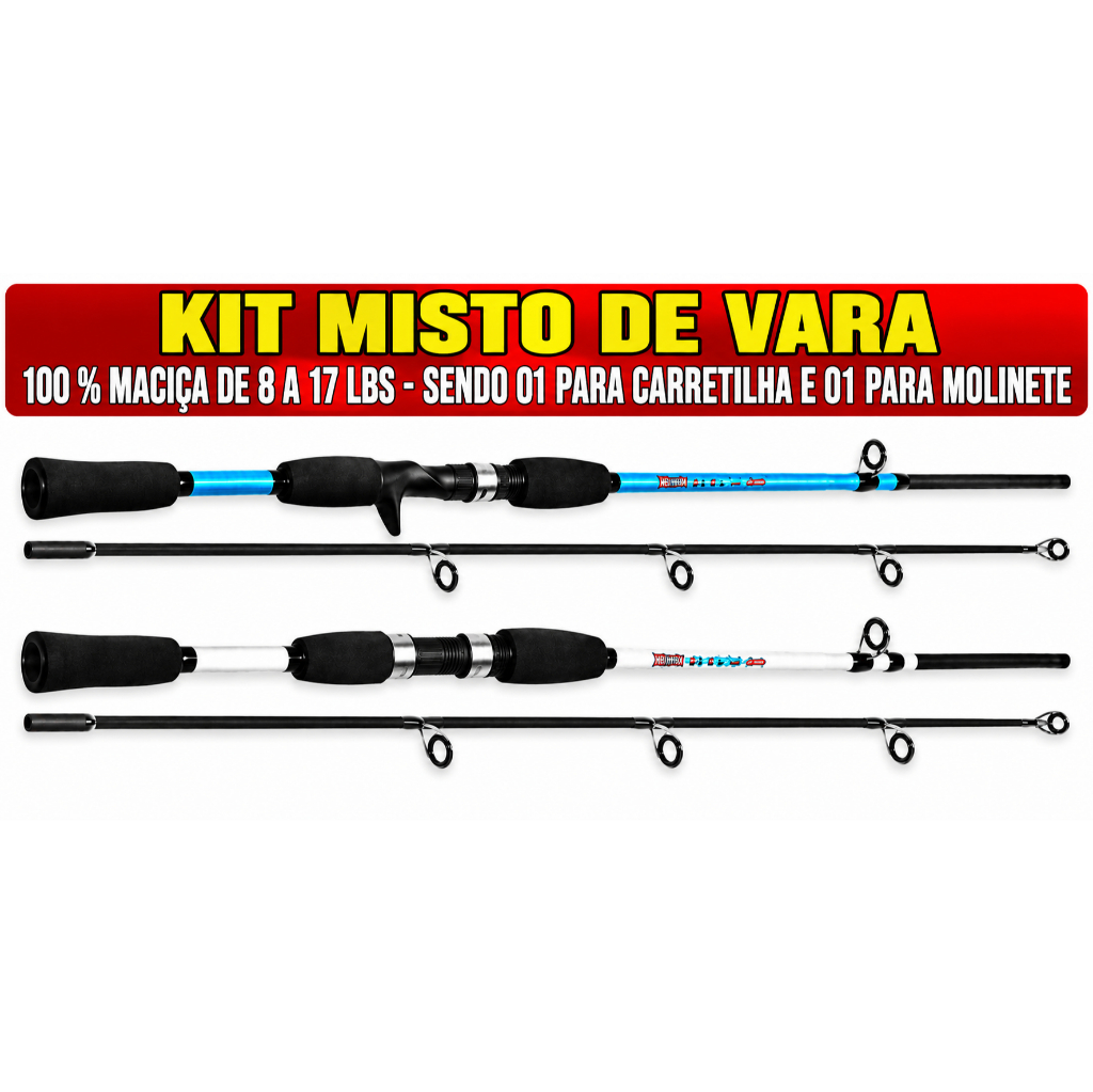 Kit com 2 varas para molinete ou carretilha (2 partes- 100 % fibra de vidro 8 A 17 LBS) (1,50M OU 1,65M OU 1,80M)