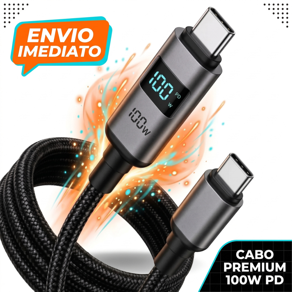 Cabo Usb Tipo-C 100w Turbo Com Visor Led 1 Metro Nylon Reforçado Trançado PD 3.0 Para Iphone Samsung Xiaomi