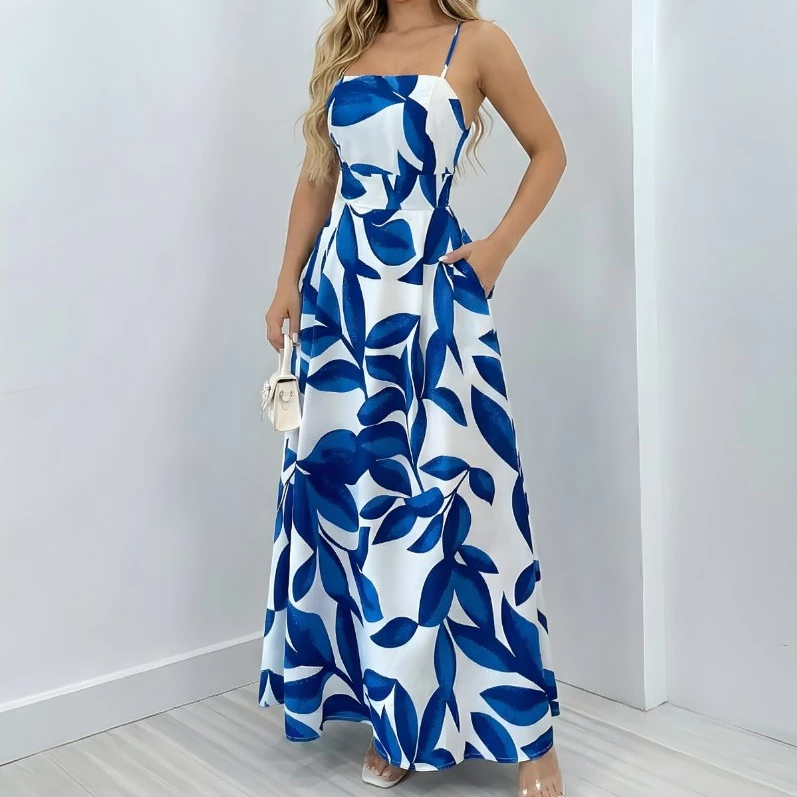 Vestido Longo Feminino Alça Fina Estampa Floral Cintura Alta Moda Verão Tropical — imagem 1