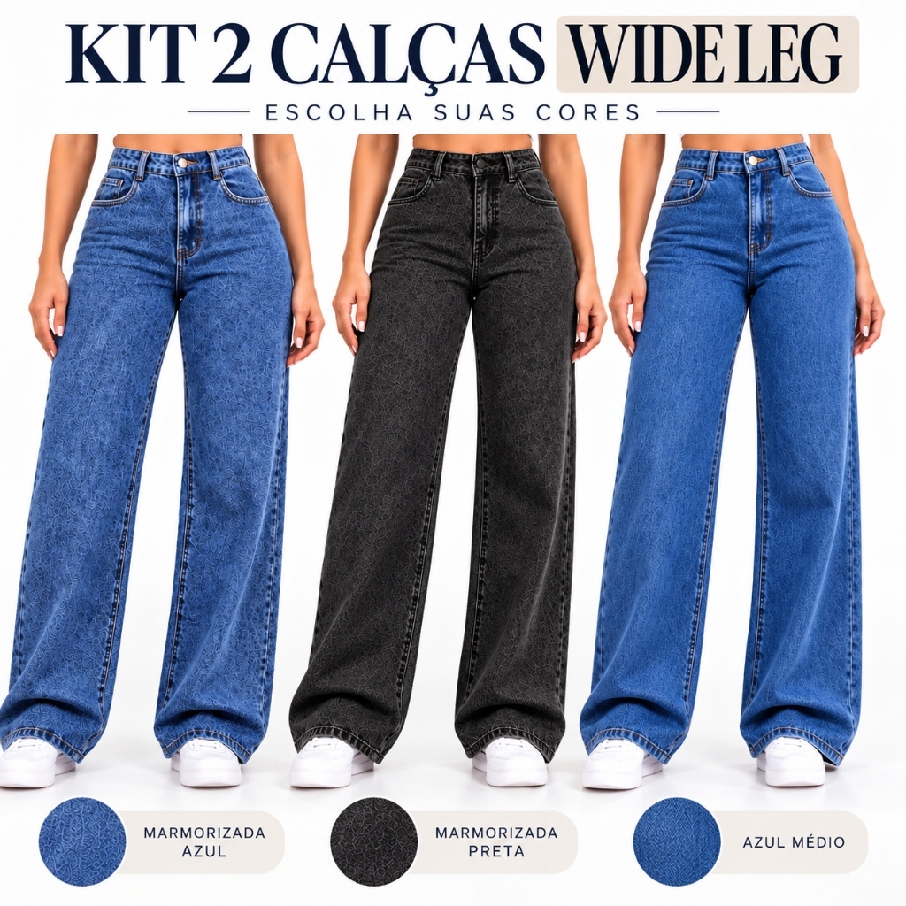 Kit 2 Calças Jeans Femininas Wide Leg Cintura Alta 100% Algodão