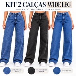 Kit 2 Calças Jeans Femininas Wide Leg Cintura Alta 100% Algodão