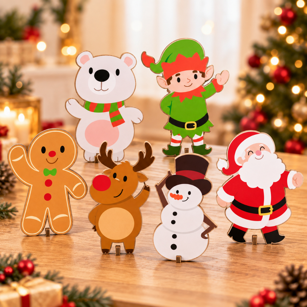 Kit Display Natal 6 Peças MDF 20cm Totens de Mesa Decoração Natalina Papai Noel com Pezinho Base