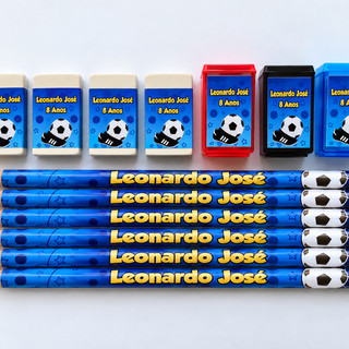 Kit Lápis Borracha e Apontador FUTEBOL Personalizado Lembrancinha Festa Futebol Infantil 15/20/30/40 unidades