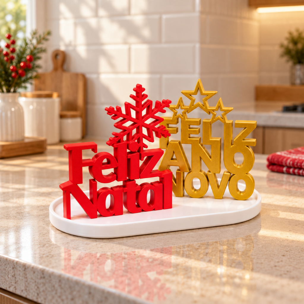 Decoração Feliz Natal e Feliz Ano Novo com bandeja Enfeite Festas Final de Ano Moderno
