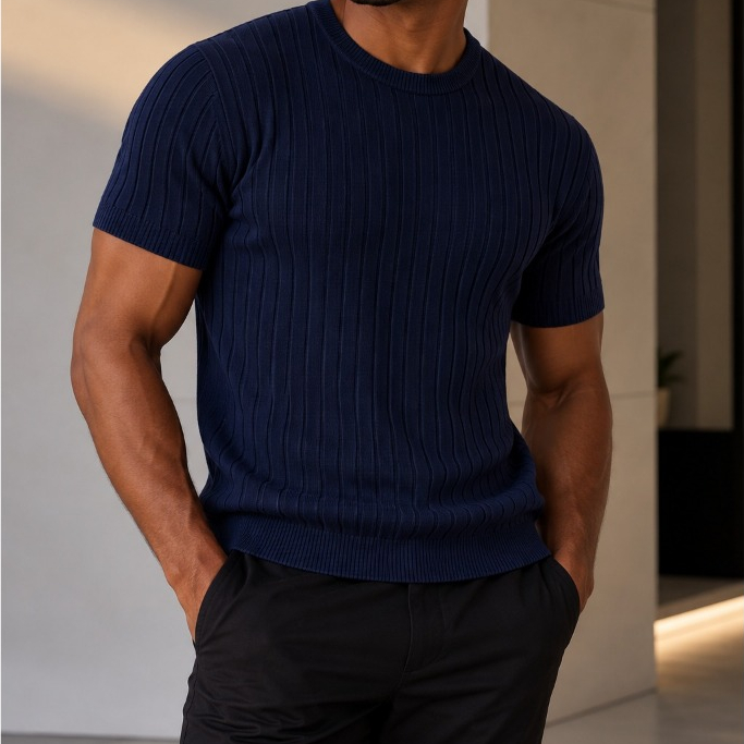 Camisa Masculina Canelada em Tricot Gola Redonda Manga Curta Macia Verão  Dia dos Pais