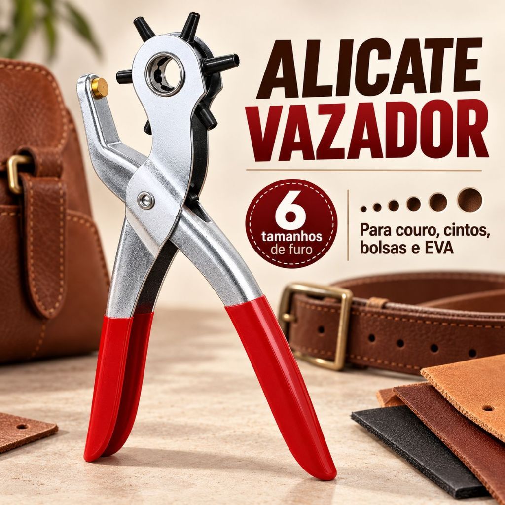 Alicate Vazador Furador Couro Cinto Chinelo 6 Furos Cabo Ergonômico