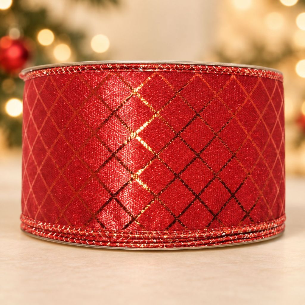 Fita Aramada Decorativa de Natal - Quadriculada Vermelha - 6,3cm x 9,14m - 1 unidade - Rizzo