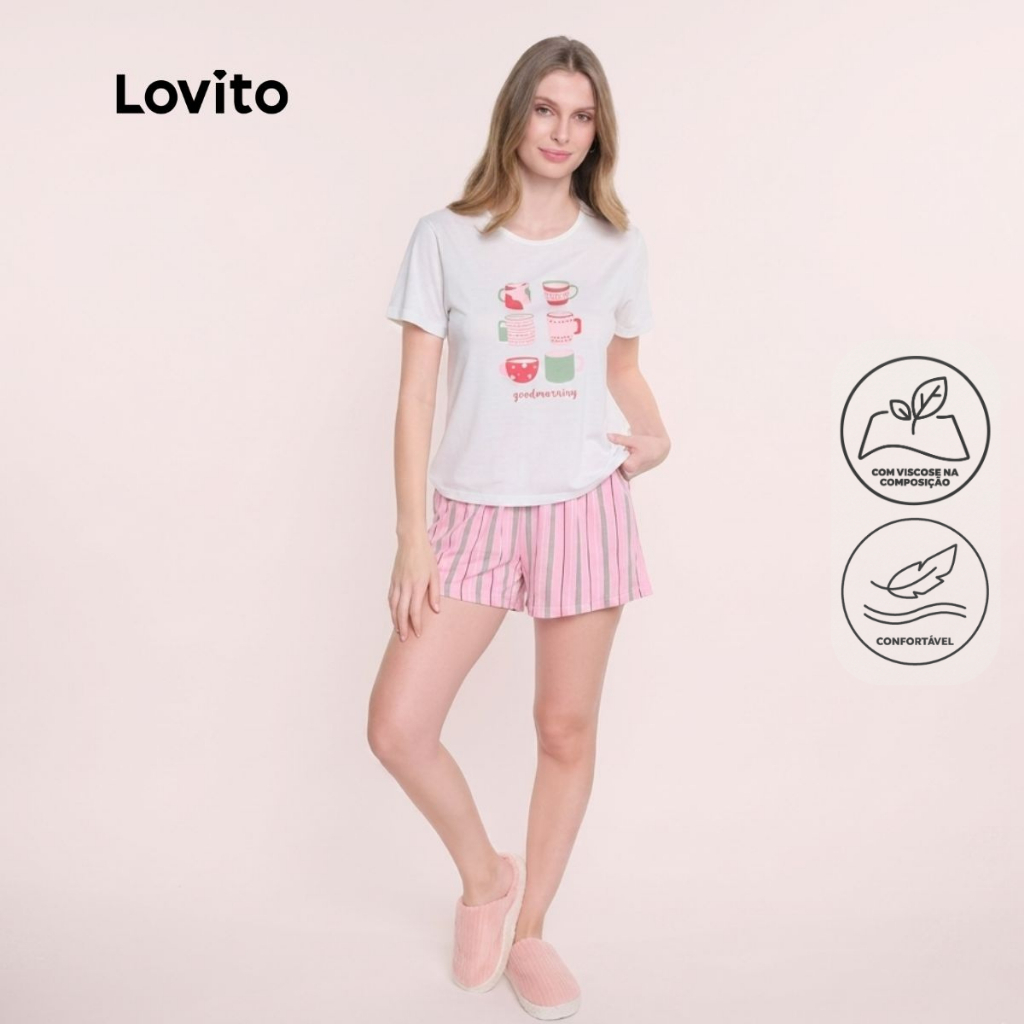 Lovito Conjunto de Pijama Curto Estampa Xícaras PJB18631897