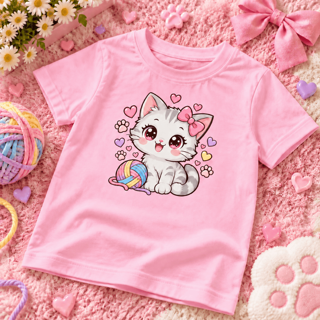 Camiseta Infantil Gatinho Fofo Estampada 100% Algodão Manga Curta Unissex Menina Presente Dia das Crianças Tam 2 ao 16