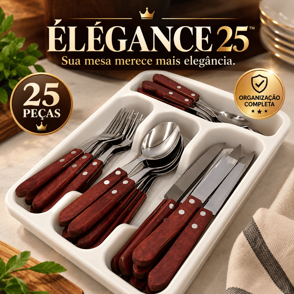 Jogo de Talheres 25 Peças ÉLÉGANCE com Porta Talheres Organizador Madeira