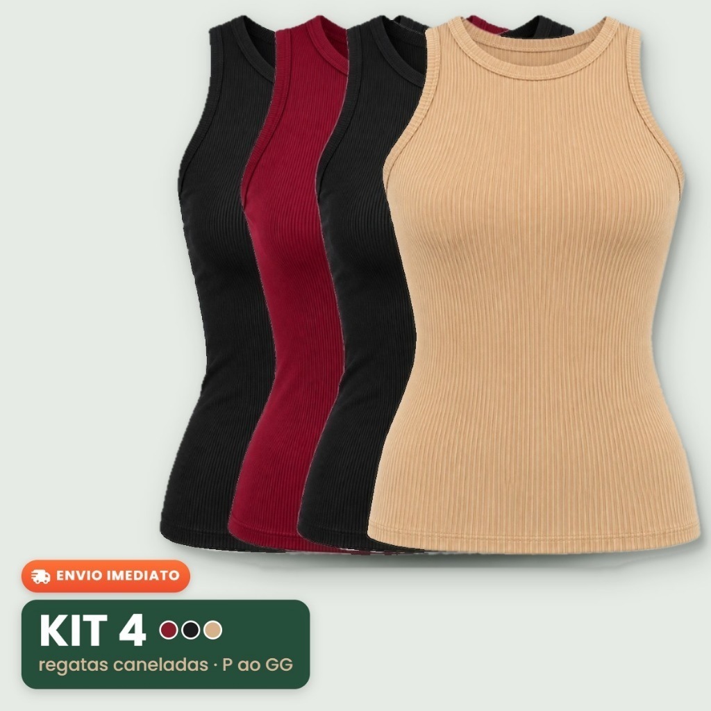 Kit 4 Blusas Femininas Regata Canelada Estilosa Elegante Ribana Básica Casual Gola Redonda Blusinha Confortável