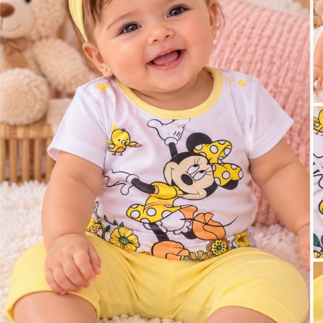Conjunto Infantil Bebê Menina Amarelo – Blusa Estampada + Bermuda Ciclista Algodão