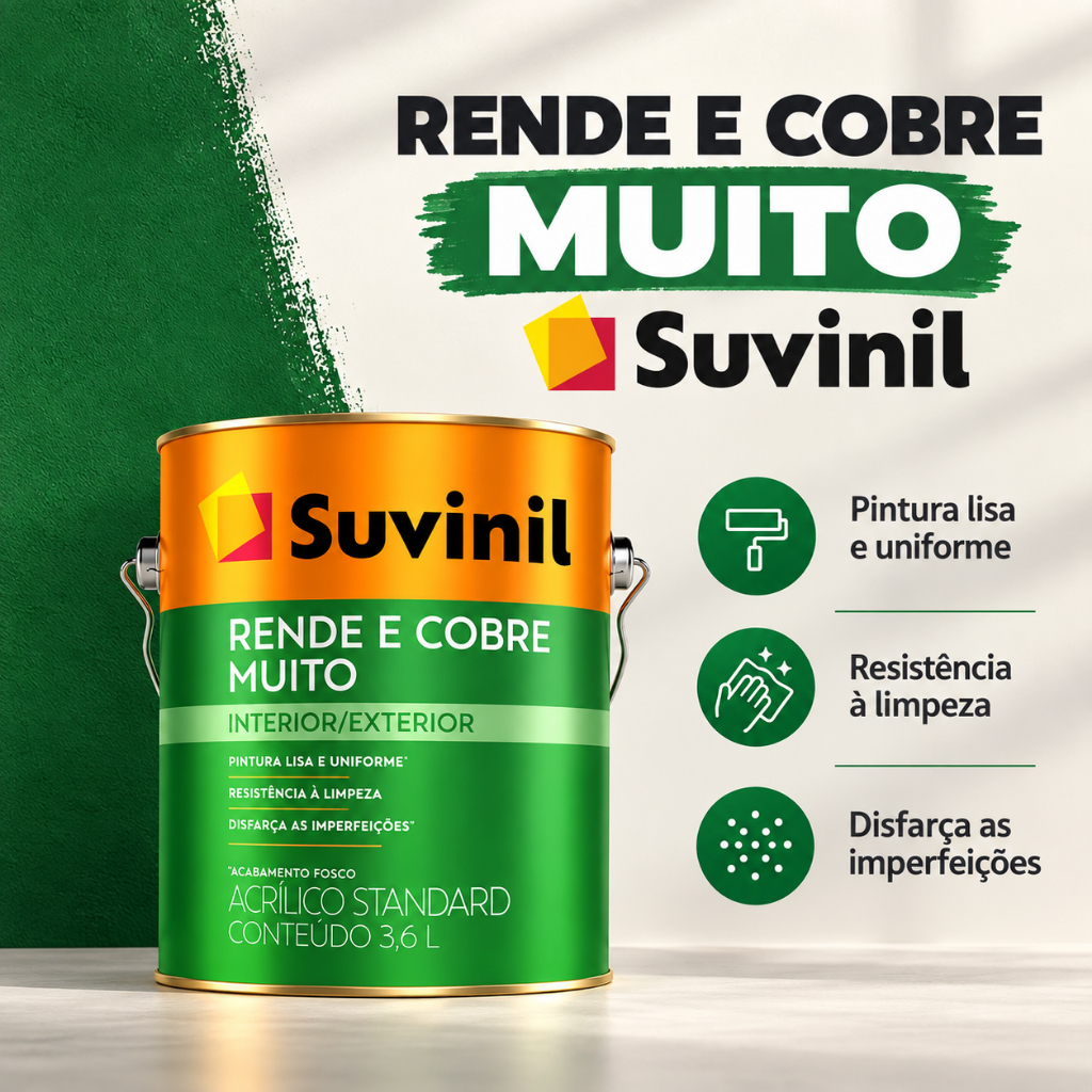Tinta Suvinil Rende Mais 3,6L Fosca Baixo Respingo Fácil Aplicação Paredes Tetos Gesso Azulejos Pilar · foto 2