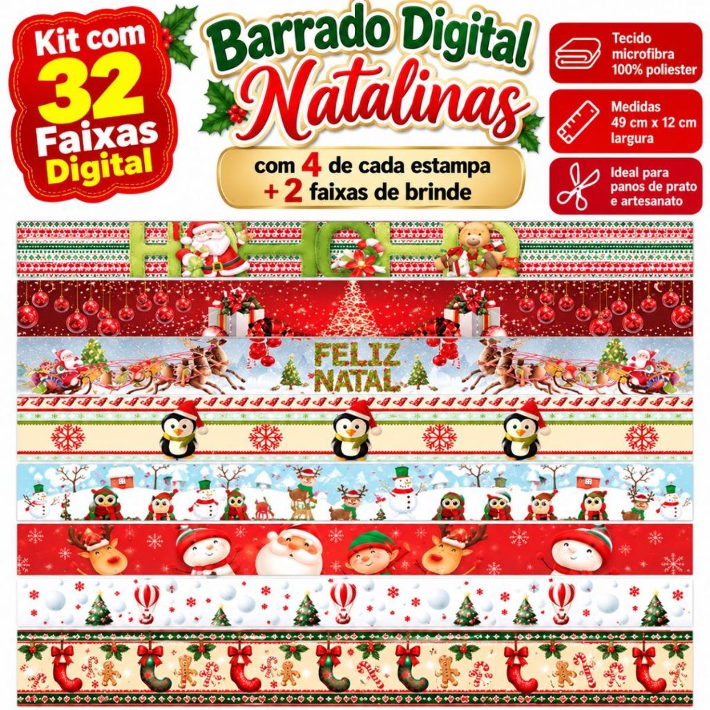 Kit com 32 Faixas barrado Digital Natalinas e ganhe 02 Faixas de brinde, 49 cm x 12 cm largura para panos de prato arte