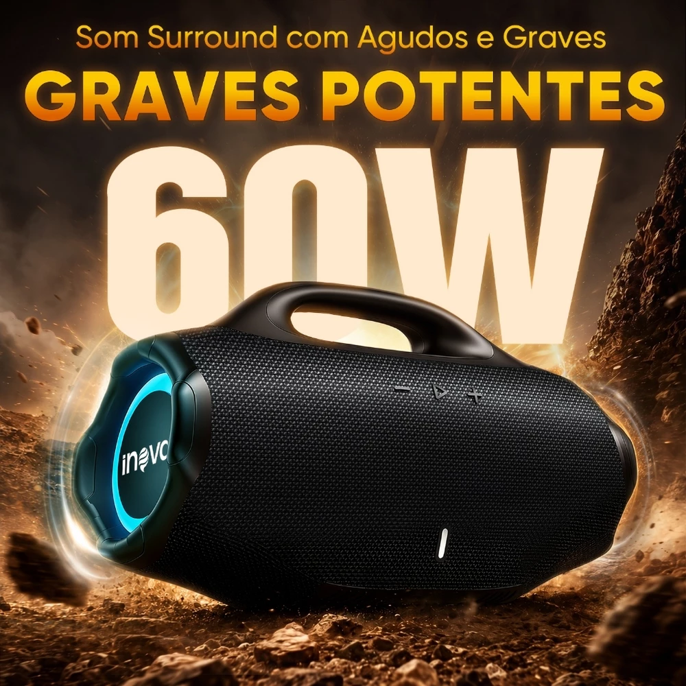 INOVA Caixa de Som Bluetooth Graves Potentes Som Estéreo Longa Duração da Bateria Ideal para Festa em Família RGB IPX6