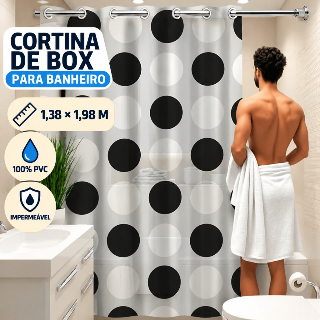 Cortina de Banheiro Box Anti Mofo Impermeável PVC Reforçado C\Ilhós Tamanho 1,38m x 1,98m Fácil Instalação Durável