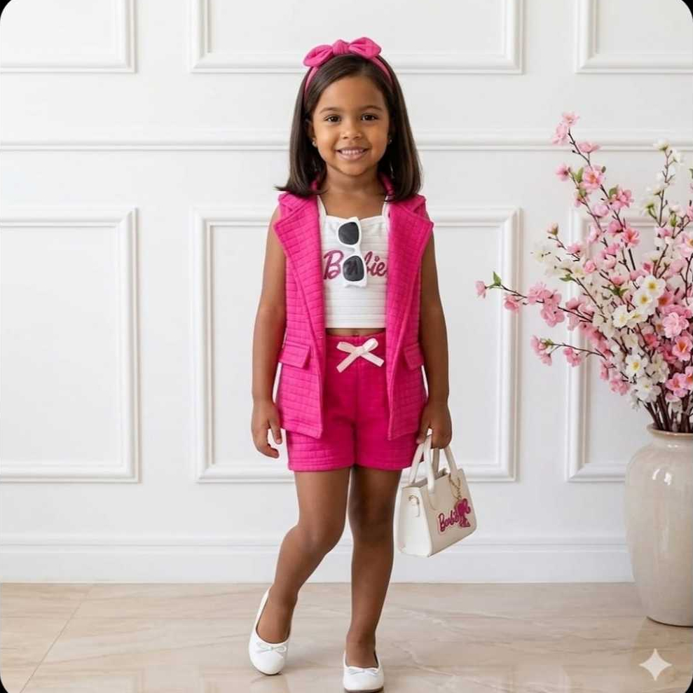 Conjunto Infantil Menina Colete + Shorts + Cropped | Look Fashion Verão | Conjunto Infantil Feminino