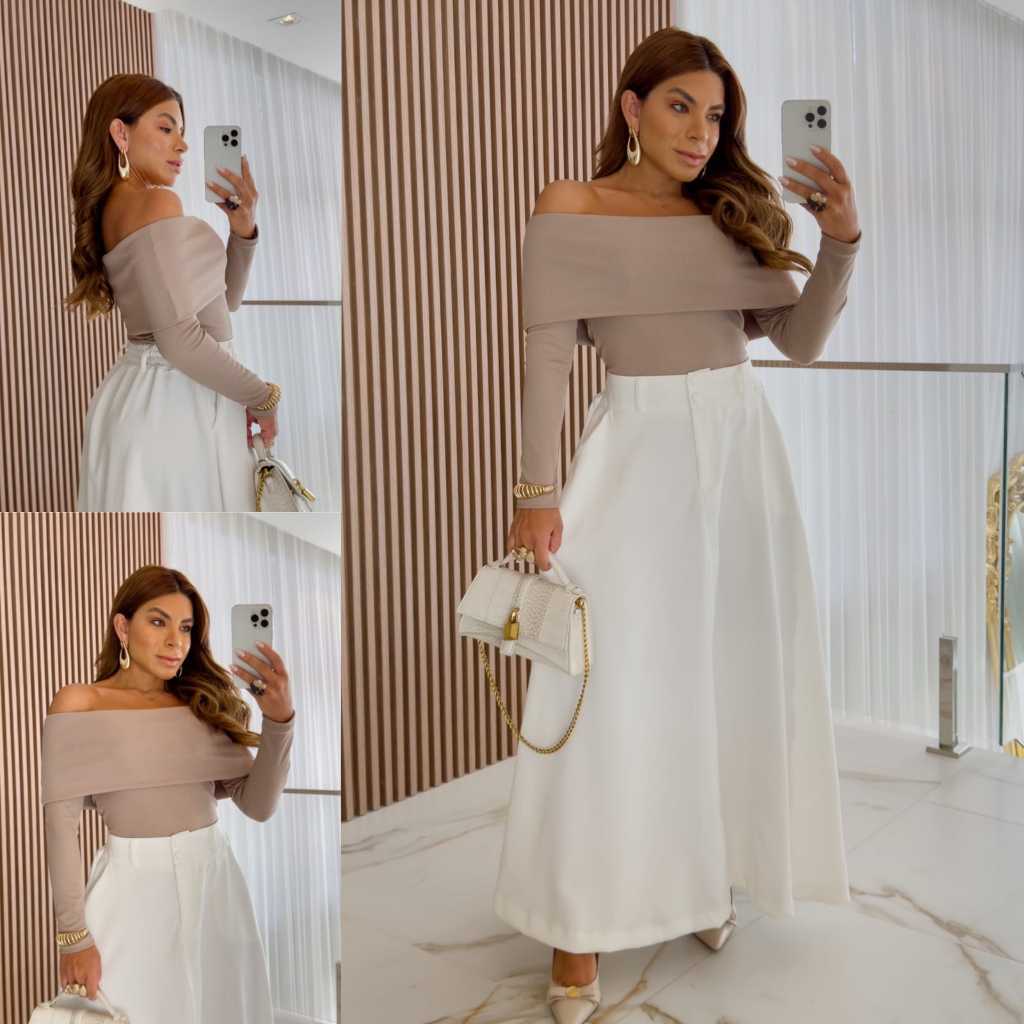 Blusa manga longa Ombro a Ombro Decote com babado inverno tendência Verão Primavera