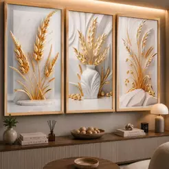Kit 3 Quadros Decorativos Trigo Dourados Brancos Mosaico Sala Quarto Escritório