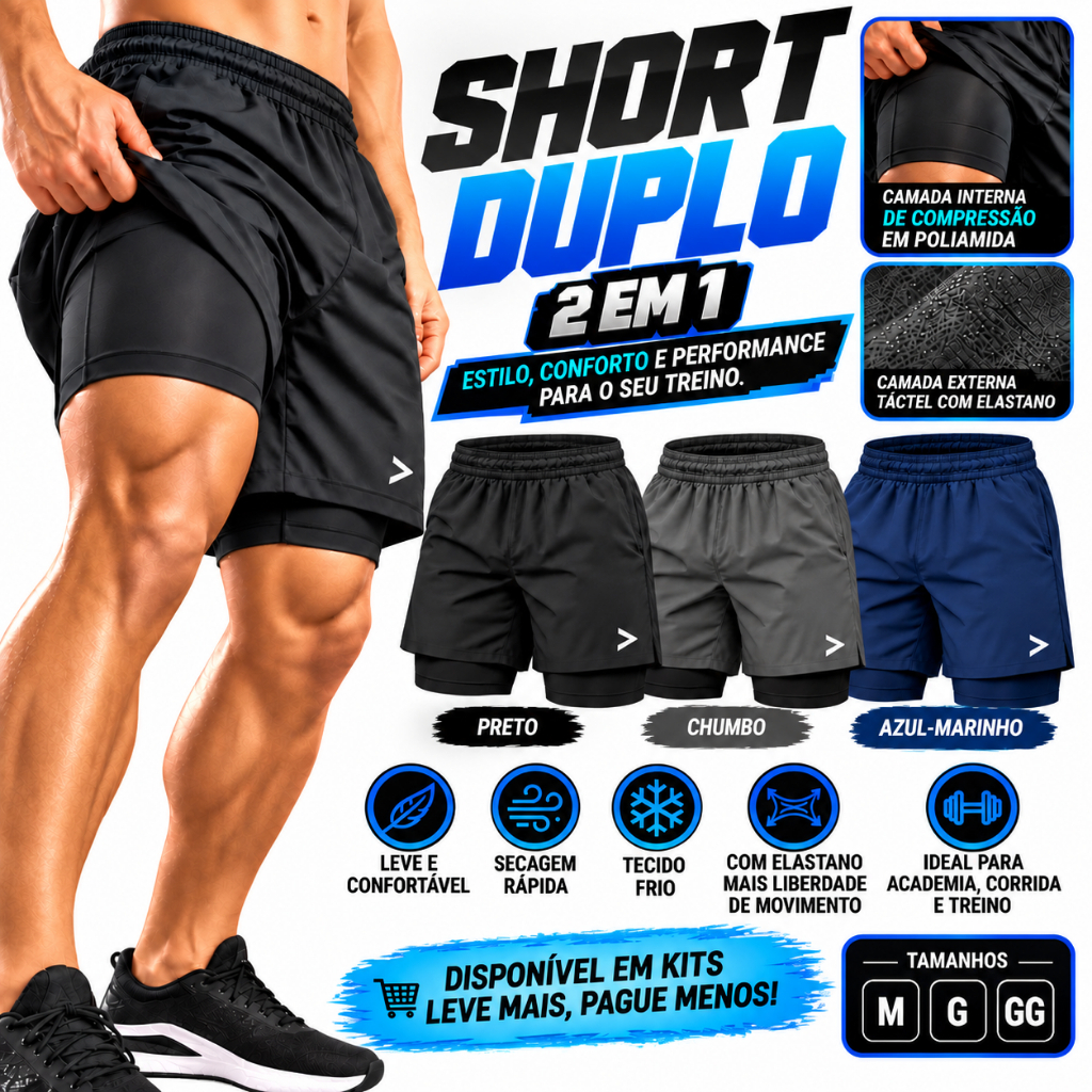 Kit Short Duplo Masculino 2 em 1 Academia Corrida Compressão Poliamida Tactel com Elastano Fitness