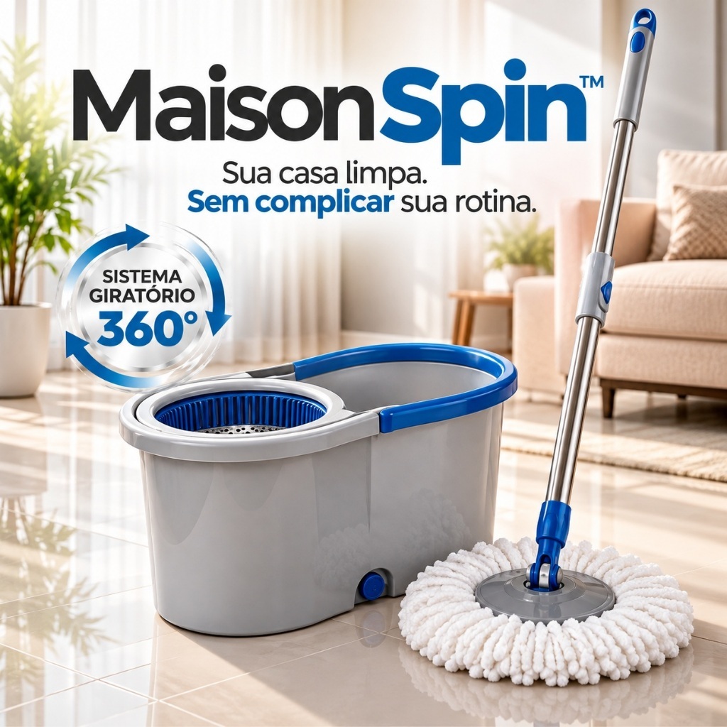 Mop Giratório com Balde 13 Litros Cabo Longo Esfregão 360° para Limpeza de Piso Maison Spin