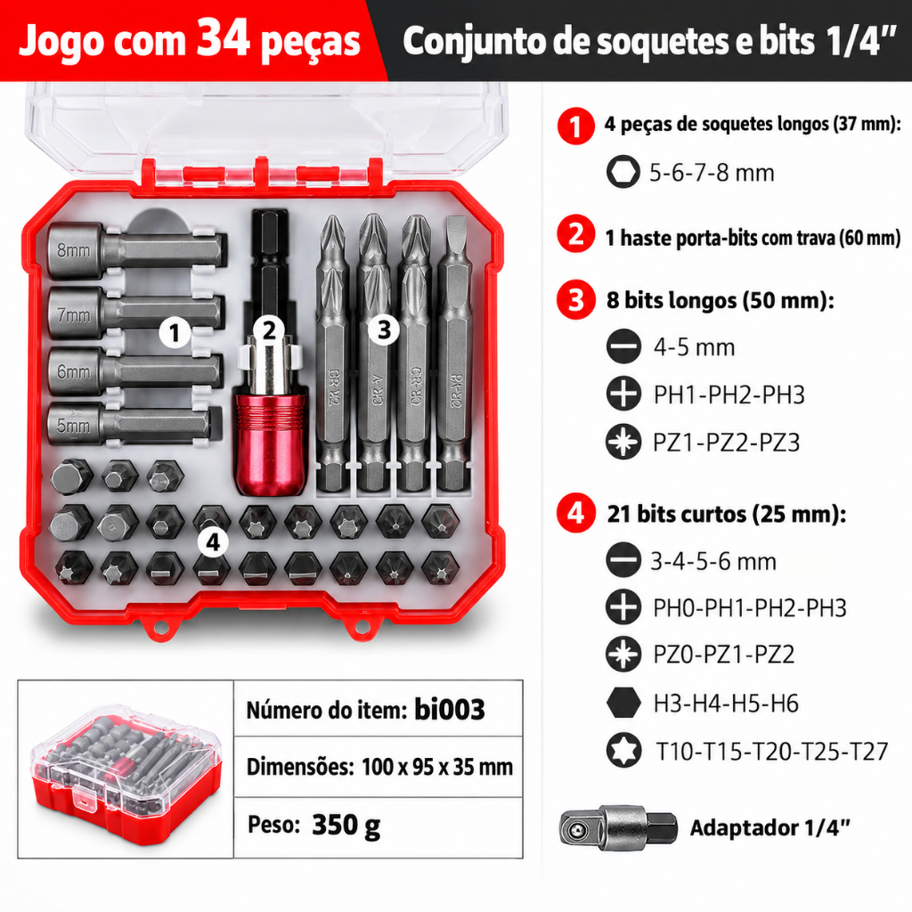 Jogo Bits Parafusadeira 34pcs Completo Ponta Philips Fenda Torx Ponteira — imagem 2 de 2