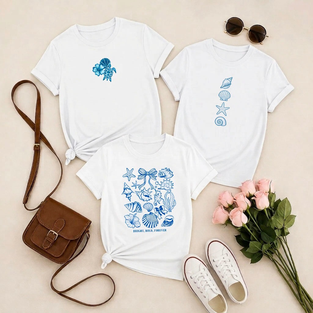 Kit 3 Camisetas Femininas BBF MAR 100% Algodão Tshirt Premium Estampada Blusa Estilosa Moda Praia