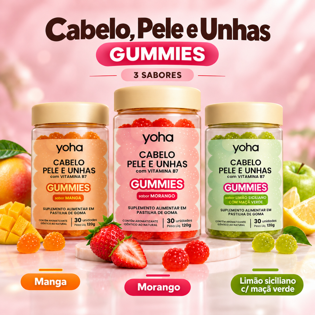 Cabelo Pele e Unhas Gummy Yoha Biotina Vitamina B7 Zinco 30 Unidades Gummies Hair 3 Sabores Morango Manga Limão