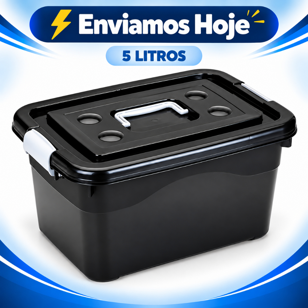 Caixa Organizadora 5L Tampa com Trava Alça Preta Multiuso Plástico Resistente Casa Cozinha Banheiro Escritório