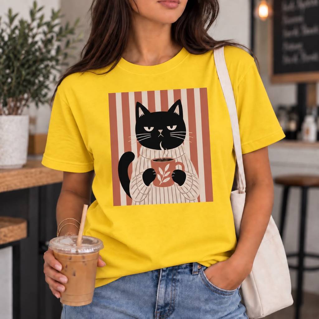Camiseta Feminina Gatinho Café Versátil Gato Estampada Casual Confortável Premium100% Algodão