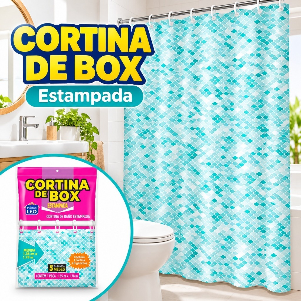 Cortina para Box PE Estampada 1,35 x 1,78m Para Banheiro Prática Decorativa e Pr