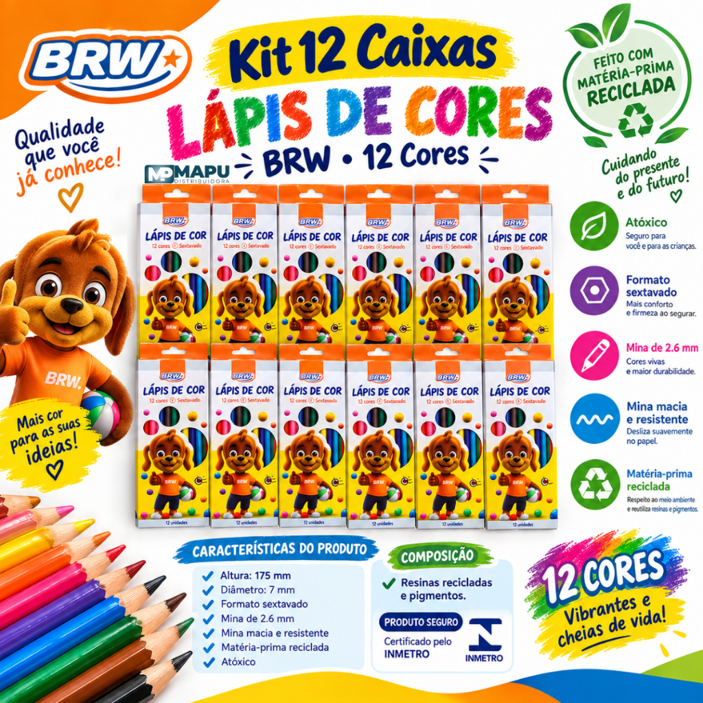 Kit 12 Caixas Lápis De Cores BRW 12 Cores