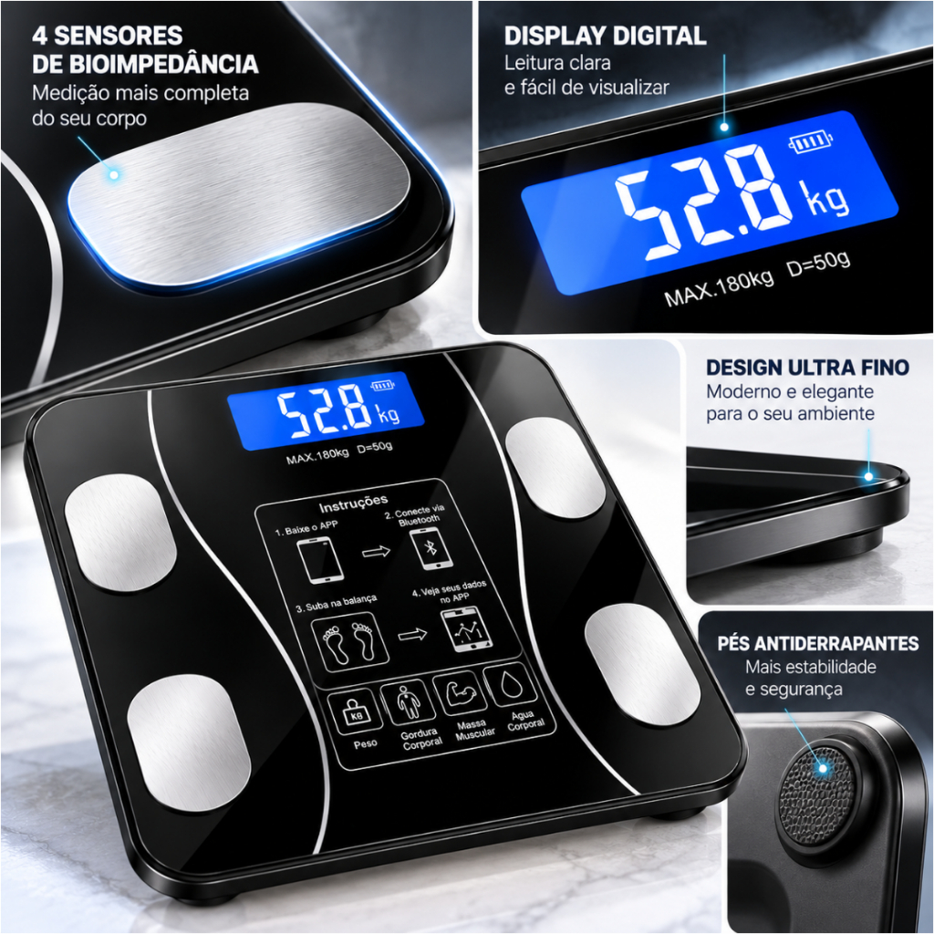 Balança Bioimpedância Digital Inteligente Bluetooth App Fitness Corporal Até 180kg Auto-Cuidado — imagem 2 de 2