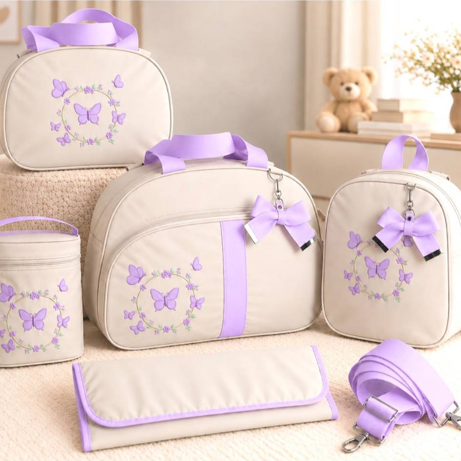 Kit Bolsa Maternidade Menina 5 Peças Borboleta Bordada Com Mochila Térmica Impermeável