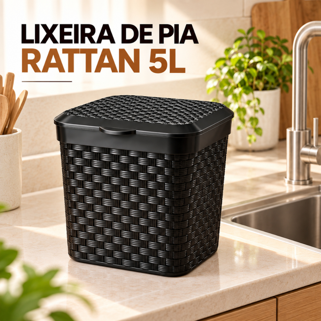 Kit 1 Ou 2 Lixeiras Rattan 5 Litros Tampa Click Banheiro Lavabo Cozinha Compacta Decorativa