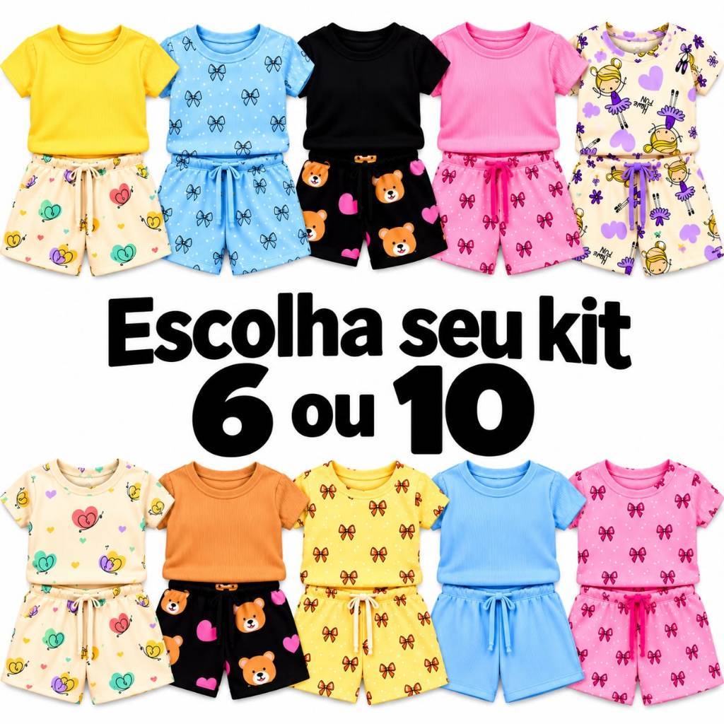 Kit Conjunto 6 10 Peças Verão Menina Algodão Premium Luxo Princesa Confortavel Camiseta Short Estiloso Infantil Feminino