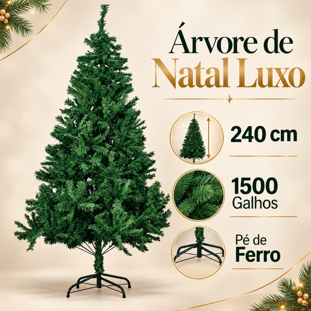Árvore de Natal Luxo Grande 240cm Cheia com 1500 Galhos Pé de Ferro Reforçada