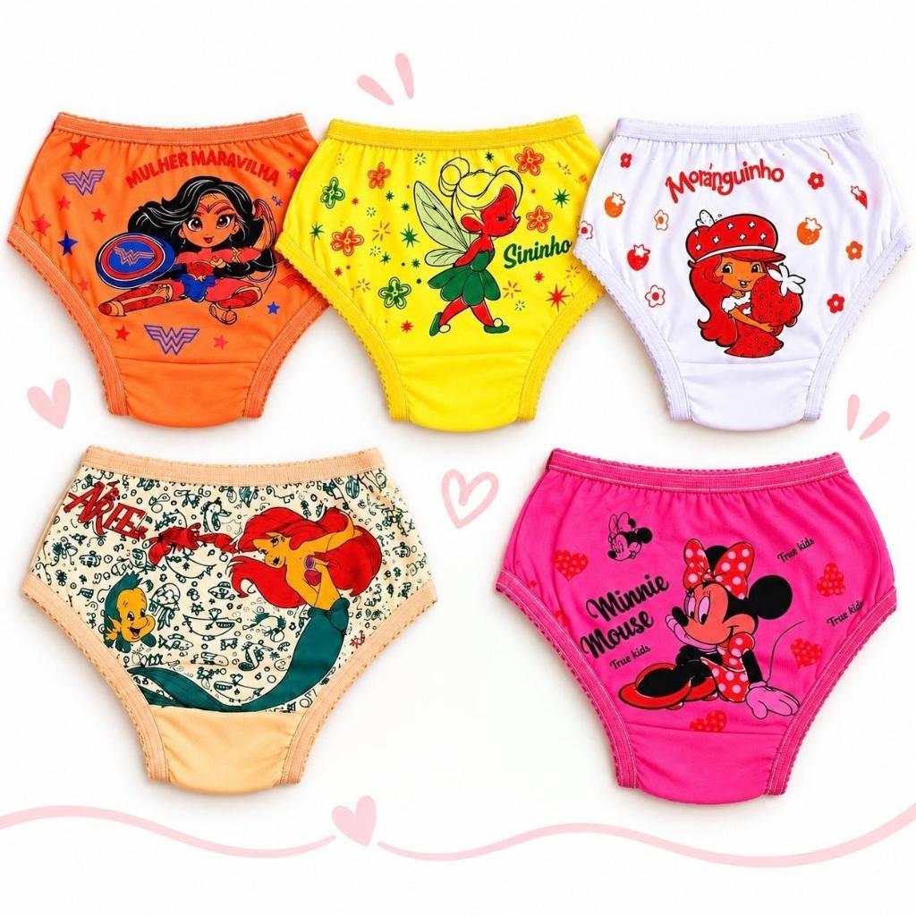 Kit 5 ou 10 Calcinhas Infantil Menina 100% Algodão Com Forro Confortável Estampas Sortidas