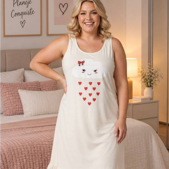Pijama Feminino Estampa Nuvem Baby Doll Camisola em Malha Leve e Confortável — imagem 2 de 2