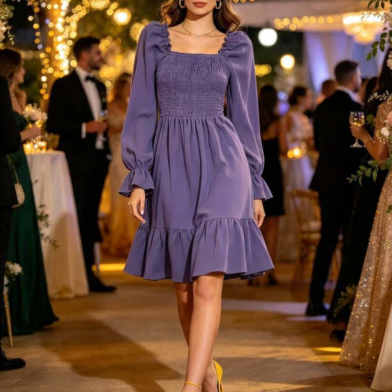 Vestido Adulto Feminino, Modelo Manga Longa, Crepe Roxo, Tam: P-S, Marca: Bauerbauer1977